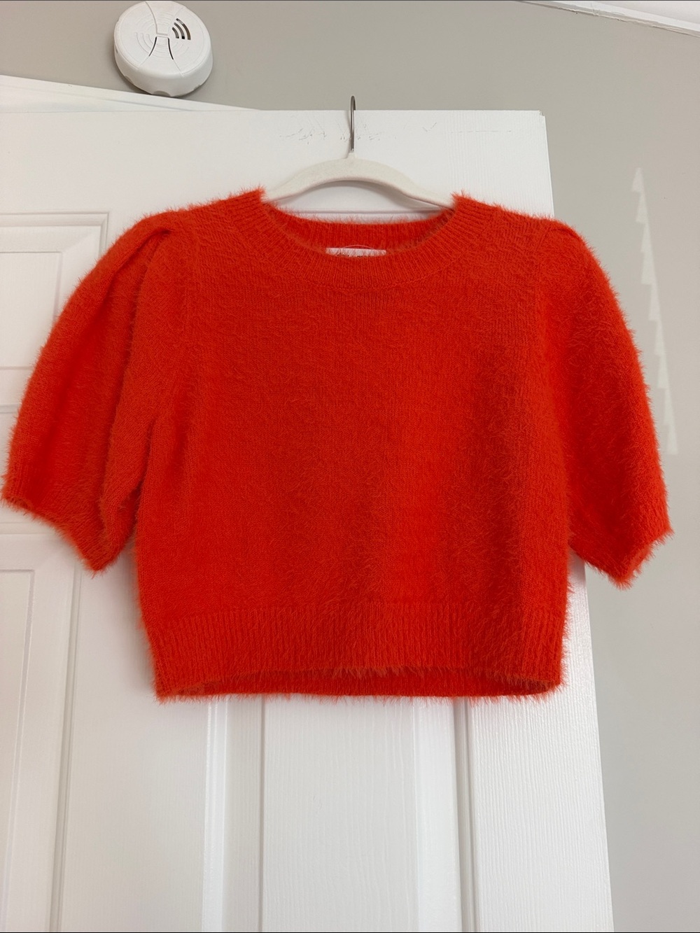Fuzzy Short-Sleeve Crew Sweater in Bright Orange